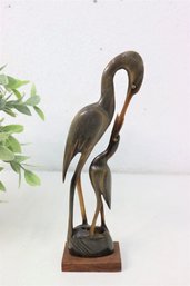 Vintage Hand Carved Crane Heron Feeding A Baby