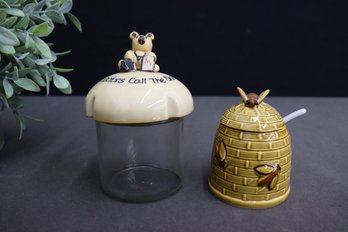 Two Vintage  Novelty Canisters - Knobler Beehive Honey Jar AND Brockway Glass Jar With Dr. Teddy Lid