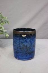 Signed Handmade Boda Blue Glass And Silver Trim Vase With Original Sticker