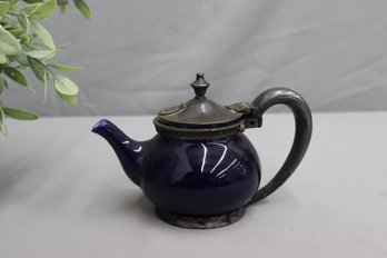 Hotel-style Cobalt Blue China Tea Pot With Alloy/Silver Plate Handle, Collar, And Top