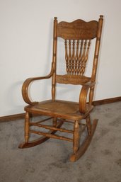 Early 20th Century Press Back Oak Wood Rocking Chair