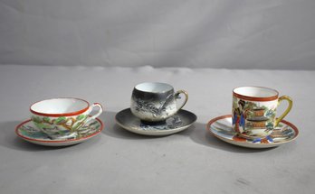 Trio Of Vintage Global-Inspired Tea Cups And Saucers