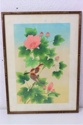 Woodblock Print Sparrow And Hibiscus Mutabilis, Originated By Shizuo Ashikaga, Framed COI Verso
