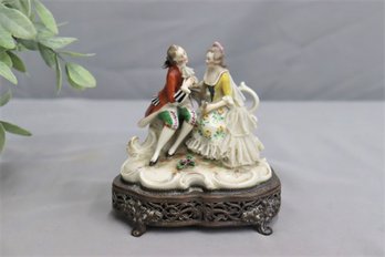 Vintage Capodimonte Porcelain Courting Couple Figurine On Gold Metal Filigree Base