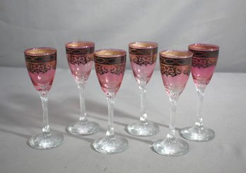Set Of 6 Vintage Platinum-Decorated Italian Crystal Cordial Glasses