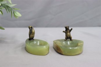 Two Vintage Bronze Figurines On Onyx Vide Poche Base: Bear And Swan
