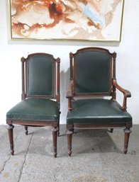 Pair Of Vintage Wooden Chairs With Green Leather Upholstery