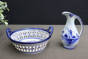 Hand-Painted Blue & White Delft Reticulated Basket And Swan Handle Pitcher
