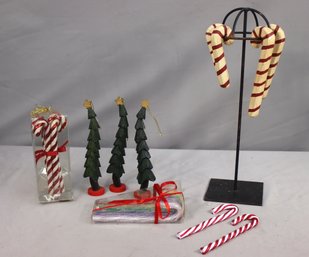 Group Lot Of Christmas Decorative Candy Canes And Mini-christmas Tree Figurines