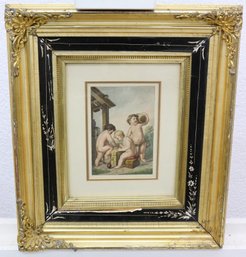 Ornate Gilt Gesso And Floral Inlay On Black Lacquer Frame With  Color Print Of Cherub Trio-Ordinal Signed