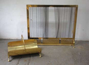 Vintage Brass Fireplace Screen With Decorative Mesh And Log Holder