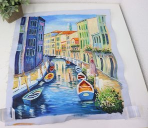 Red Dress On Blue Canal Venice Original Painting, Signed By Artist LR And Unframed