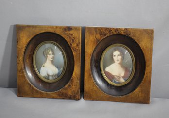 Pair Of Antique Miniature Portraits In Burl Wood Frames