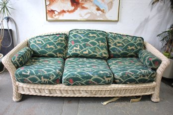 Vintage Ficks Reed Wicker Couch With Forest-Themed Upholstery