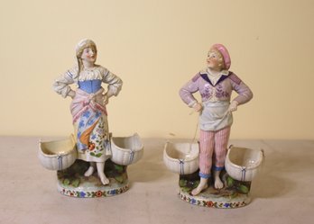 Pair Of Antique German Conta & Boehme Glazed Porcelain Man & Women W Baskets Figurines 9