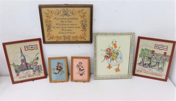 Group Lot Of Vintage Decorative Souvenir And Character Embroidery Wall Art