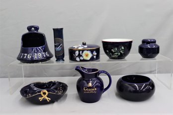 Group Lot Of High Gloss Ultra Black And Blue Bowls, Vases, Pitchers Etc.