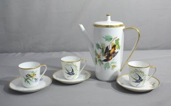 Vintage Blue Jay Audubon Pattern Hutschenreuther Porcelain Teapot And 3 Cup/Saucers