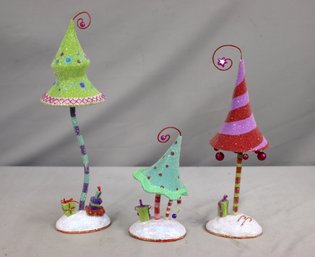 Group Lot Of 3 Colorful Stylized Christmas Tree Figurines