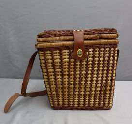 Vintage Tri-Color Wicker Picnic Basket - Green Checkered Fabric Lined And Leather Straps