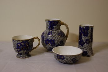 Cobalt And Patterned Flowers Porcelain Pitcher, Cup, Bowl, Vase