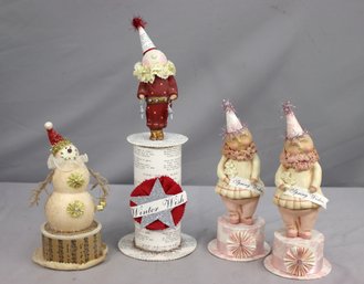 4 Paper Mache Figurines: Christmas Snowman & Clown Santa AND 2 Spring Wishes Harlequin Gnomes