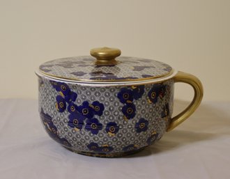 Cobalt And Patterned Flowers Porcelain Bouillon Bowl With Handle And Lid