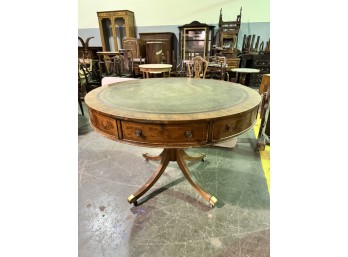 Vintage Round Drum Table -green Leather