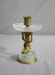 Vintage French Cut Glass And Brass Candle Holder