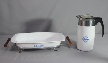 Vintage Blue Cornflower Corningware Casserole With Wood/Metal Stand And A Coffee Percolator