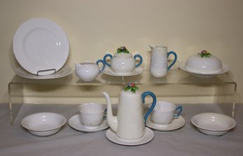 16pc Lot Of Crown Staffordshire Blue Handles Floral Lid Bone China Coffee /Tea Pots, Cups, Creamer/sugar