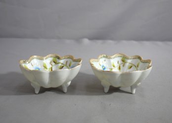 Pair Of Vintage Japanese Footed Bowls With Blue Floral Design