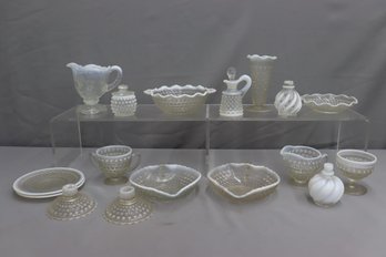 Group Lot Of Hobnail Clear To Milky Moonstone Opalescent Depression Glass