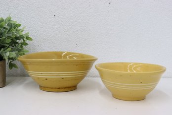 Two Vintage Yellow Ware Stoneware Mixing Bowsl With Three White Stripes