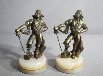 Set Of Two Brass Pirate Sculpture Bookends On Alabaster Bases