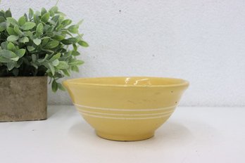 2 Of 2:  Vintage Yellow Ware Stoneware Mixing Bowl With Three White Stripes (lower Curve)