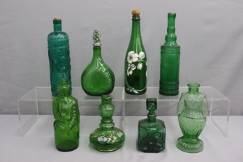 Group Lot Of Vintage Green Glass Bottles