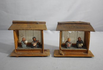 Pair Of Vintage Miniature Diorama Street Vendor Stalls