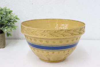 Vintage Yellow Ware Flower Berry Dot Blue Bands Stoneware Mixing Bowl