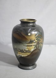 Japanese Metal Vase With Mount Fuji And Temple Landscape In Black And Gold