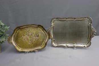 Two Florentine Trays  Green-gold And Silver Tone - Both Small