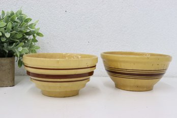 Two Vintage Yellow Ware Multiple Brown Band Stoneware Mixing Bowls