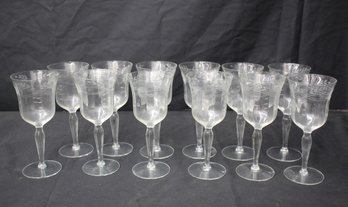 Set Of 12 Vintage Etched Wine Glasses -Floral Elegance