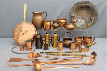 Group Lot Of Copper Cups, Pitchers, Utensils, Etc