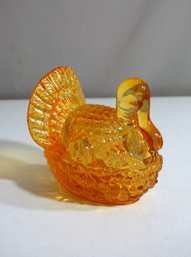 Vintage  Yellow Amber Depression Pressed Glass Lidded Turkey Candy Dish