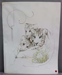Vintage Tiger And Cubs Limited Edition Lithograph,  Pencil-Signed Tara, Unframed