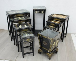 'Assorted Lot Of Oriental Nesting Tables, Pedestal, And Planter Stand'
