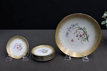 Vintage Winterling Porcelain Broad Gold Band Flower Plates - 1 Large And 6 Small