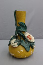 Vintage Yellow Chalkware Vase With Flower Relief Applique