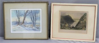 J.a. Torre Original Watercolor November Snow And Reproduction Of 1800s Bartlett Hudson Highlands Engraving